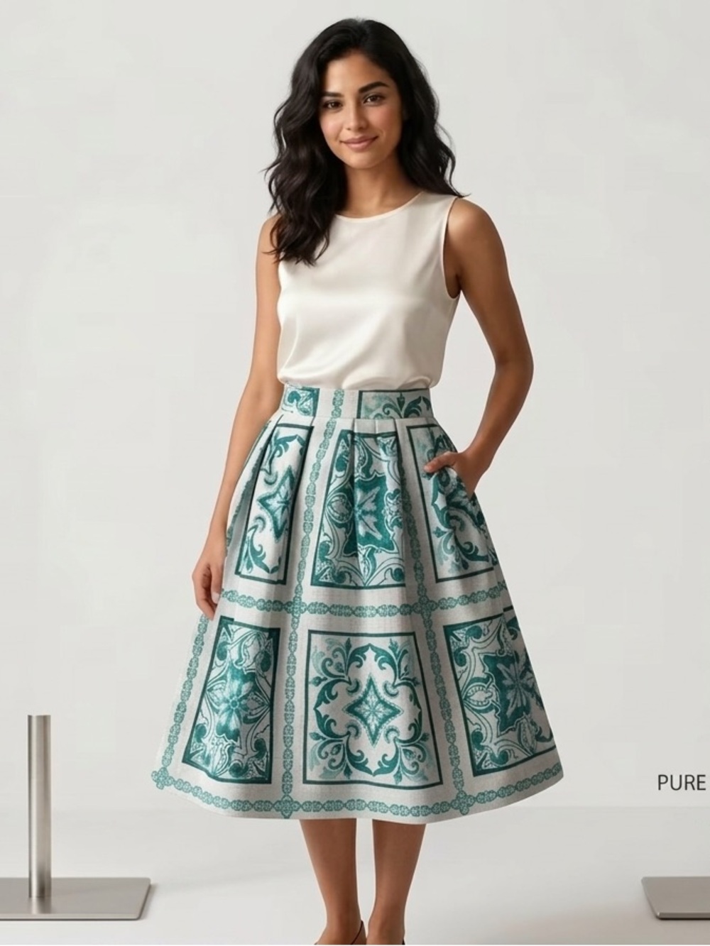 eva mendes New York & Company Teal & White Printed Aztec Skirt Midi linen size 6
